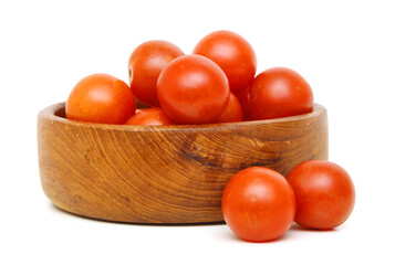 cherry tomatoes isolated in wooden bowl on white background