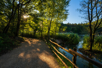 View of the beautiful Lake Monticolo in the morning in the municipality of Eppan in Italian South Tyrol.