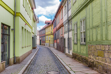 Empty cobblestoned street in the historic center of Quedlinburg, Germany