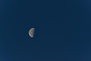 Waxing Moon Phase, highly detailed half moon against a bright blue daytime sky