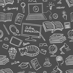 Online education hand drawn seamless pattern. E-learning doodles on dark grey background. Vector illustration.