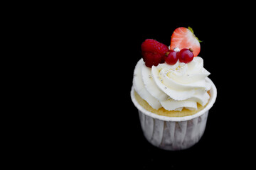 cupcake with chocolate and strawberries with curd cream. mockup, Space for text, Copyspace, Space for photo