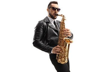 Guy in a leather jacket playing a sax