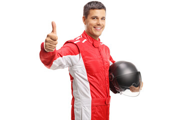Car racer holding a helmet and showing thumbs up