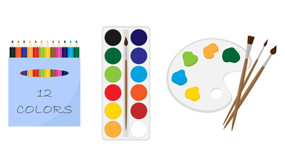 Color pencils, box of watercolor paints, palette of colors and brushes. Art set. Flat vector illustration.