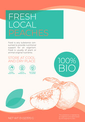 Fresh Local Fruits Label Template. Abstract Vector Packaging Design Layout. Modern Typography Banner with Hand Drawn Peach with a Half Sketch Silhouette Background.