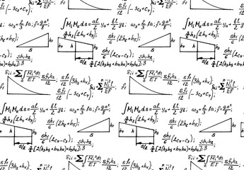 Physics seamless pattern with the equations, figures, schemes, plots and other calculations on whiteboard. Handwritten vector Illustration.