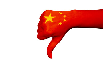 China flag showing thumb down on white isolated background