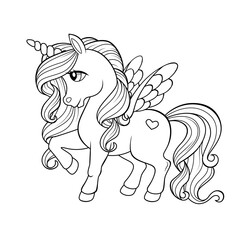 Cute cartoon pegasus. Pony princess. Unicorn. Black and white vector illustration for coloring book