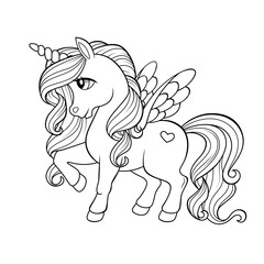 Cute cartoon pegasus. Pony princess. Unicorn. Black and white vector illustration for coloring book © alka5051