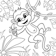 Cute little monkey with banana. Black and white vector illustration for coloring book