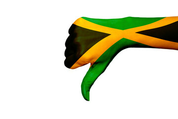 Fototapeta na wymiar Jamaica flag showing thumb down on white isolated background