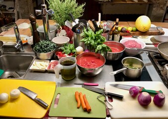 Italian Kitchen with ingredients prepped for cooking