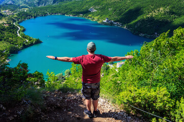Scanno lake, Italy. Heart-shaped lake. Famous heart-shaped lake in the Abruzzo National Park in...