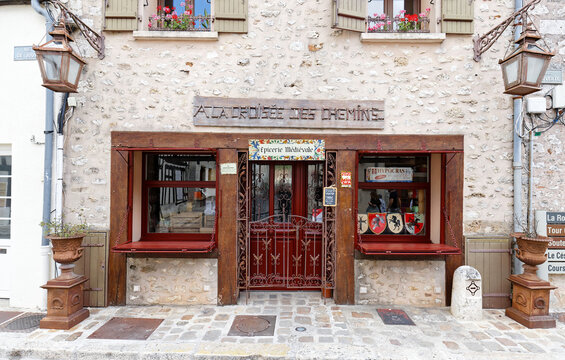 Provins, France-July 11, 2020 : The gift and grocer shop A la croisee des chemins located in historic centre of medival Provins town, France.