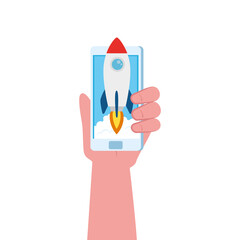 hand holding smartphone with rocket design, Start up plan idea strategy and marketing theme Vector illustration