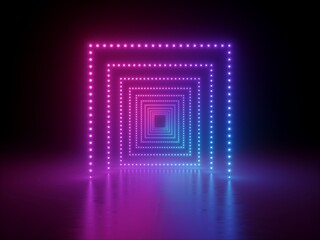 3d render, abstract neon geometric background, pink blue glowing square tunnel or corridor illuminated with lights, reflection on the floor. Modern empty performance stage design