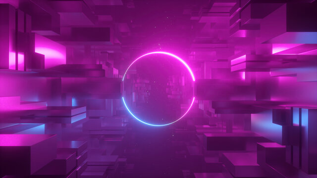 3d render, abstract geometric background, futuristic concept, pink neon light, ultraviolet, round shape, glowing ring, copy space, cosmos.
