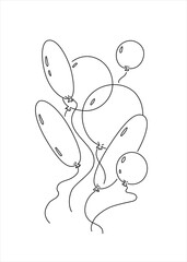 Line drawing of helium balloons bunch flying in the air. Vector illustration.
