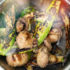 vegetables: zucchini, eggplant and mushrooms chopped slices and grilled until golden brown, blurred image