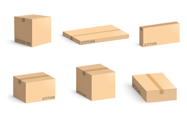 Set of cardboard boxes with shadow isolated on white background. Carton packaging box.