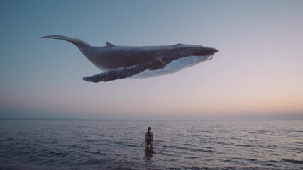 Girl watches humpback whale flying above the sea. Mystical, fantasy, dream scene, a spirit animal or creative illustration for ecology and extinction topics. Cinematic quality.