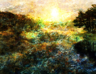 Orange sunset over the forest. 3D rendering