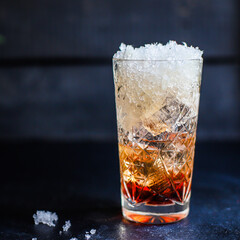 ice cocktail syrup drink, sparkling water alcohol or non-alcoholic beverage food background top view copy space for text organic