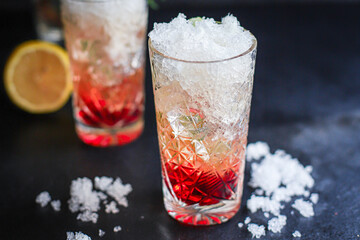 ice cocktail syrup drink, sparkling water alcohol or non-alcoholic beverage food background top view copy space for text organic