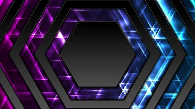Black hexagons abstract tech motion design with glowing neon lights