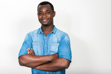 Portrait of handsome bearded African man wearing denim shirt