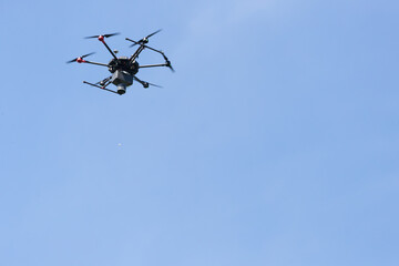 drone flying on the corn field, biological treatment with aircraft