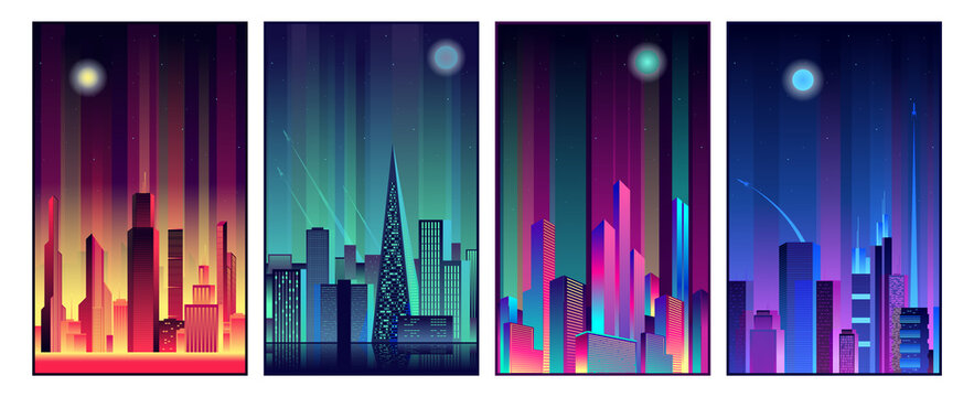 Neon Cities Posters, Modern Cityscape, Night Scenes, Neon Lights, Trendy Colors