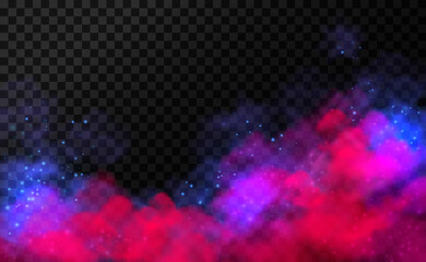 Magical effect of sparkling smoke. Neon thick fog on transparent background. Galaxy, space