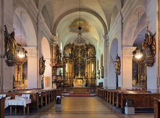 Linz, Austria. Interior of Stadtpfarrkirche (City Parish Church of the Assumption of the Virgin Mary). The church was founded in 1207. The present Baroque interior is from the 17th century.