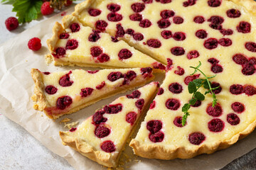 Delicious Berry pie close-up. Sweet summer raspberry pie, tart with fresh berry raspberry on stone countertop.
