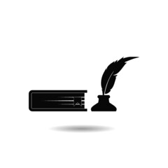 Book with feather logo. Bookstore icon with shadow