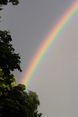 Rainbow bright in the sky after the storm. Amazing natural background
