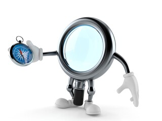 Magnifying glass character holding compass