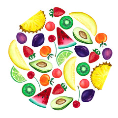 Watercolor illustration of summer fruits. For flyers, cards, labels and poster.