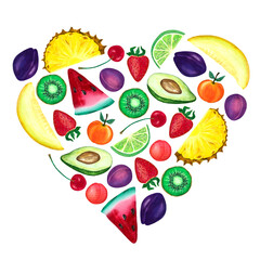 Watercolor illustration of summer fruit set in the shape of a heart. For flyer, postcards, label and poster.