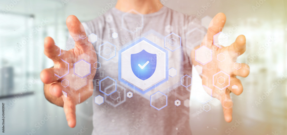 Poster man holding a shield web security concept 3d rendering