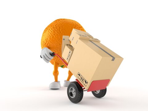 Orange character with hand truck