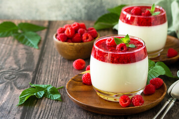 Raspberry Panna cotta with raspberry jelly, Italian dessert, homemade cuisine. Copy space.