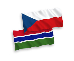 National vector fabric wave flags of Czech Republic and Republic of Gambia isolated on white background. 1 to 2 proportion.