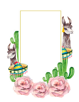 A children's card with green juicy cacti, pink stone flowers, gray fluffy alpacas and Mexican chili hats with space for text. Holiday illustration for posters, frames, books and stories about nature 