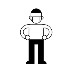 Man wearing a medical mask, minimal black and white outline icon. Flat vector illustration. Isolated on white background.