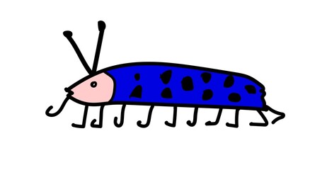 unusual painted blue beetle with black abstract spots and different paws on a white background. imitation of children's drawing