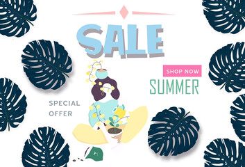 Summer sale banner with paper cut woman and tropical leaves background, exotic floral design for banner, flyer, invitation, poster, web site or greeting card. Paper cut style, illustration