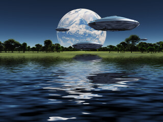 Obraz premium Spacecrafts flies over water surface. Full moon in the sky. 3D rendering